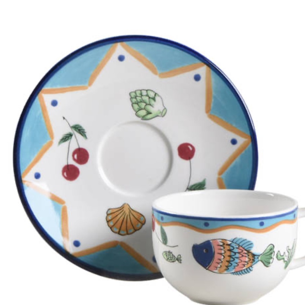 Mikasa Fashion Plus Set of Four Porcelain Cups/Saucers "Ocean Collage" Pattern